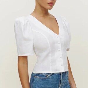 REFORMATION Miriam Linen Top Short Puff Sleeve Button Front V-Neck